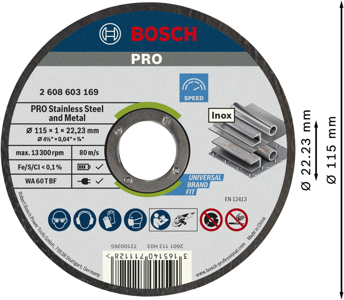 Bosch 10’lu 115x1 mm Inox (Paslanmaz Çelik) Kesme Diski Taşı 2608603254