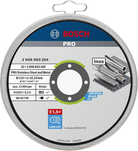 Bosch 10’lu 115x1 mm Inox (Paslanmaz Çelik) Kesme Diski Taşı 2608603254