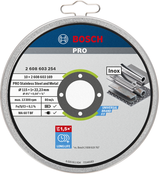 Bosch 10’lu 115x1 mm Inox (Paslanmaz Çelik) Kesme Diski Taşı 2608603254
