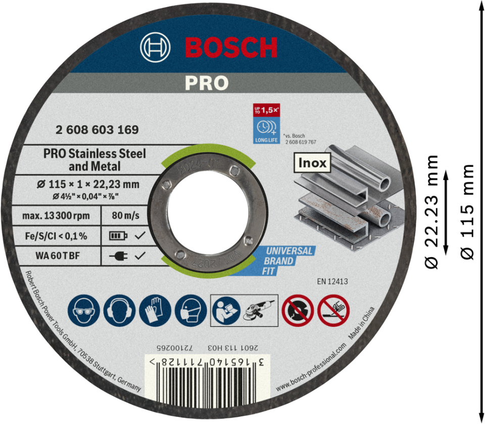 Bosch Profesyonel 115x1 Kesici Taş 100’lü Metal ve Paslanmaz Çelik 2608626112