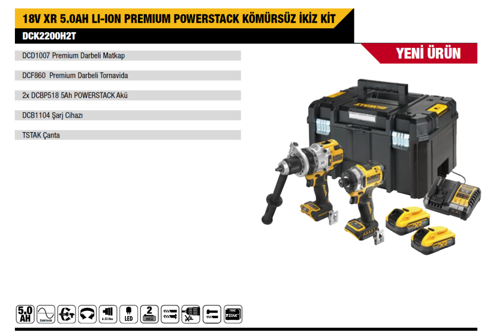 Dewalt DCK2200H2T 18v XR Kömürsüz Akülü İkili Set 2x 5.0Ah Powerstack Akü