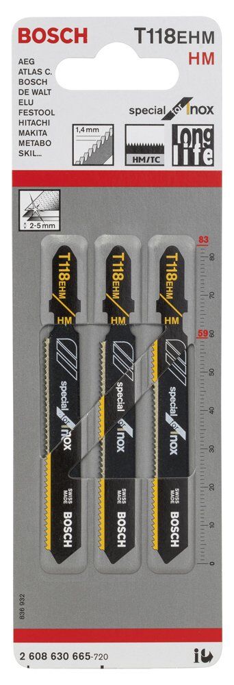 Bosch - Inox (Paslanmaz Çelik) İçin Özel T 118 EHM Dekupaj Testeresi Bıçağı - 3'Lü Paket