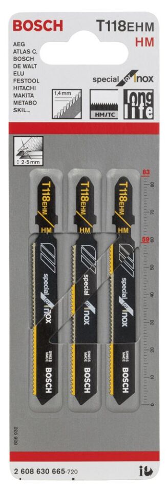 Bosch - Inox (Paslanmaz Çelik) İçin Özel T 118 EHM Dekupaj Testeresi Bıçağı - 3'Lü Paket