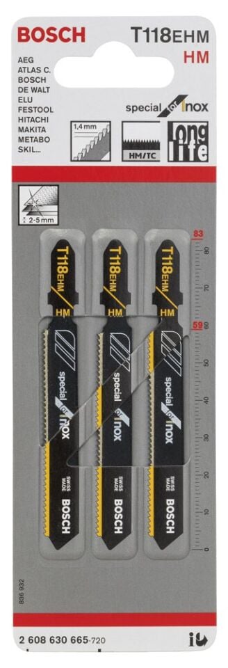 Bosch - Inox (Paslanmaz Çelik) İçin Özel T 118 EHM Dekupaj Testeresi Bıçağı - 3'Lü Paket