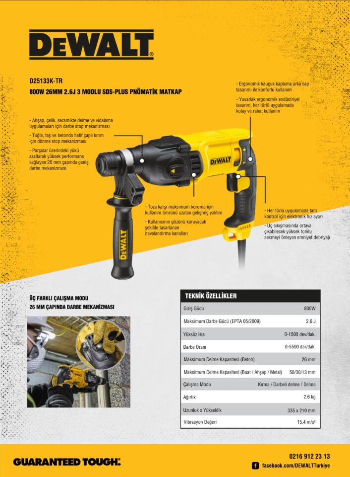 Dewalt D25133K 800W 26mm 2.6J SDS-PLUS Kırıcı Delici