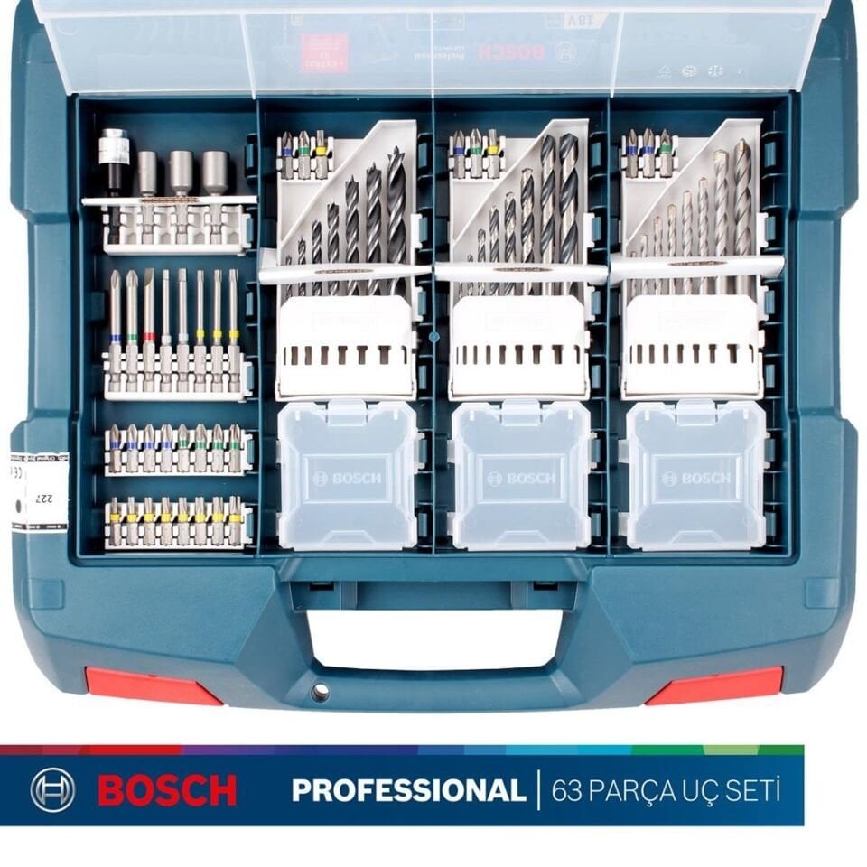 Bosch GSB 18V-45 Çift Akülü 2 Ah Darbeli Vidalama Makinesi + 63 Parça Aksesuar Seti