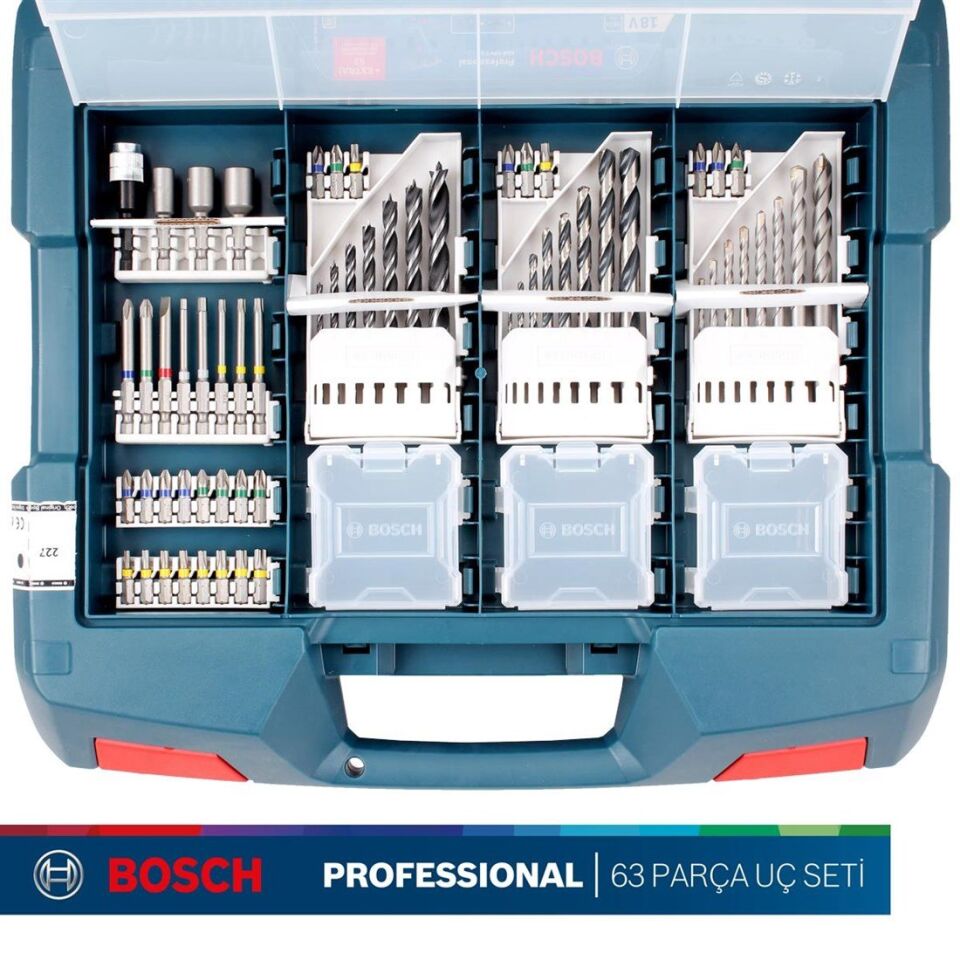 Bosch GSB 18V-45 Çift Akülü 2 Ah Darbeli Vidalama Makinesi + 63 Parça Aksesuar Seti