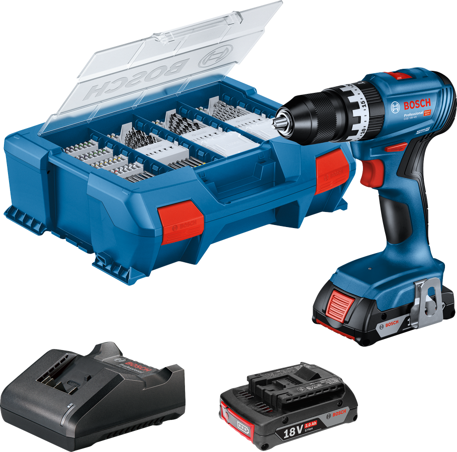 Bosch GSB 18V-45 Çift Akülü 2 Ah Darbeli Vidalama Makinesi + 63 Parça Aksesuar Seti