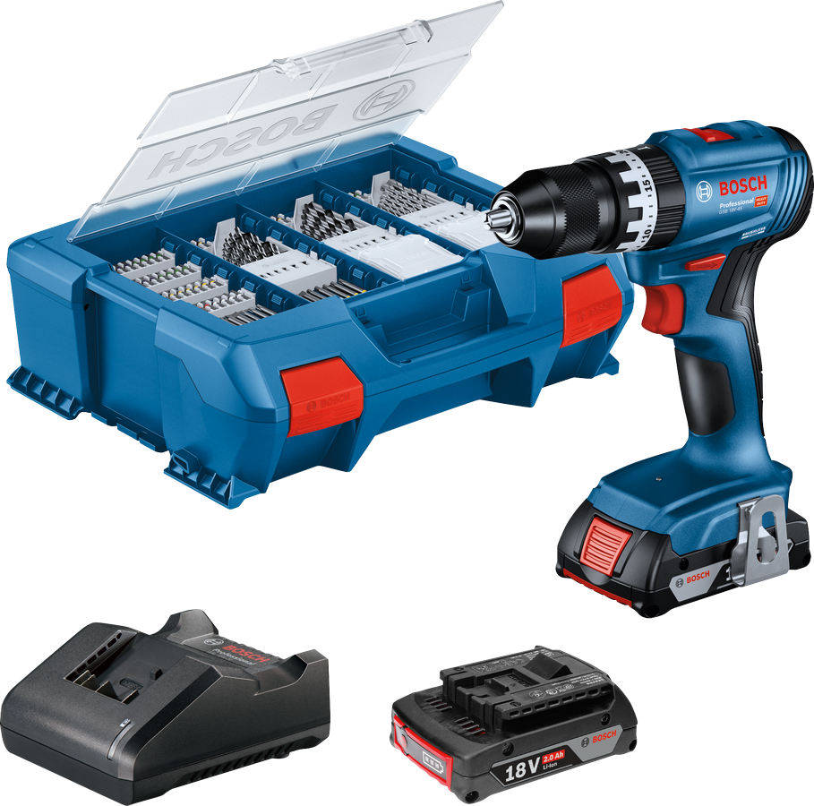 Bosch GSB 18V-45 Çift Akülü 2 Ah Darbeli Vidalama Makinesi + 63 Parça Aksesuar Seti