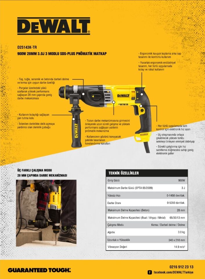 Dewalt D25143K 900W 28mm 3.0J SDS-PLUS Kırıcı Delici