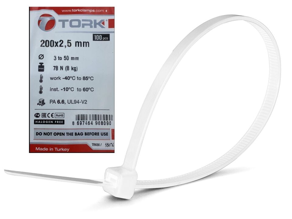 Tork Plastik Kelepçe Kablo Bağı 100'lü 200x2.5mm Beyaz